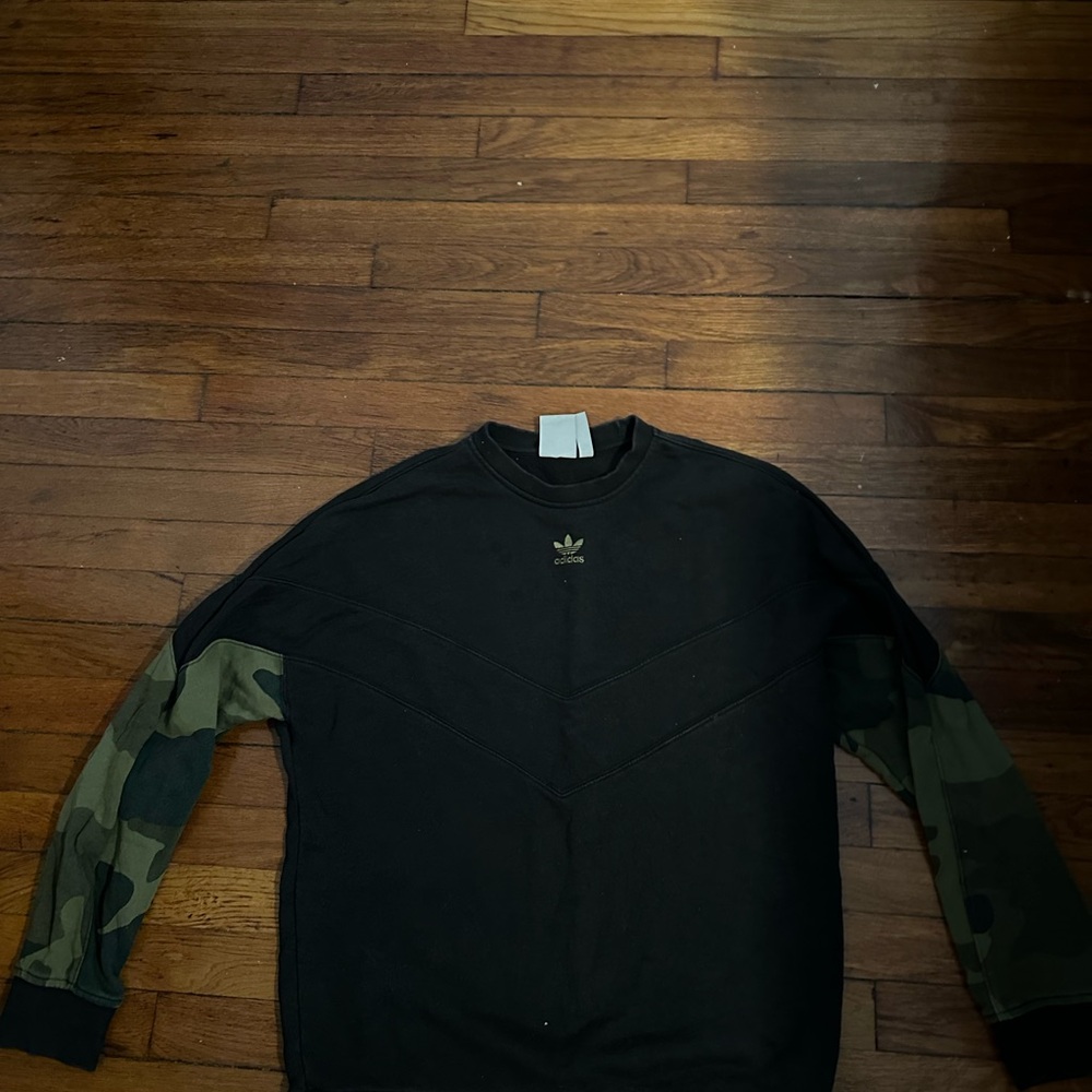 adidas Black Crewneck Sweatshirt with Green Camo Sleeves